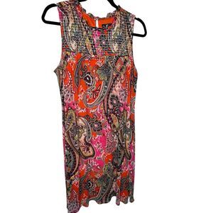 Leslie Fay Sleeveless Smocked Shift Dress Women's Sz 14 Paisley Floral Boho
